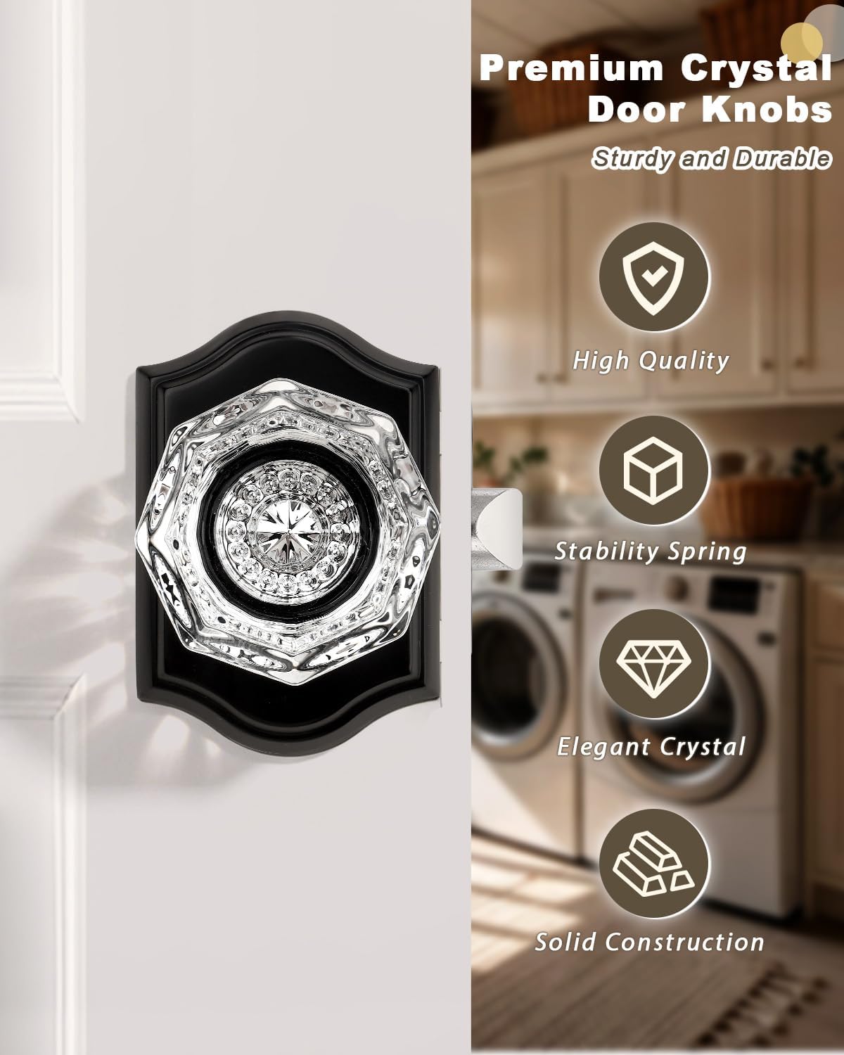 Gobrico 6 Pack Clear Diamond Passage Door Knobs,Matte Black Non-Locking Interior Door Handles,Octagonal Crystal Hall/Closet Door Knob,Arched Rosette