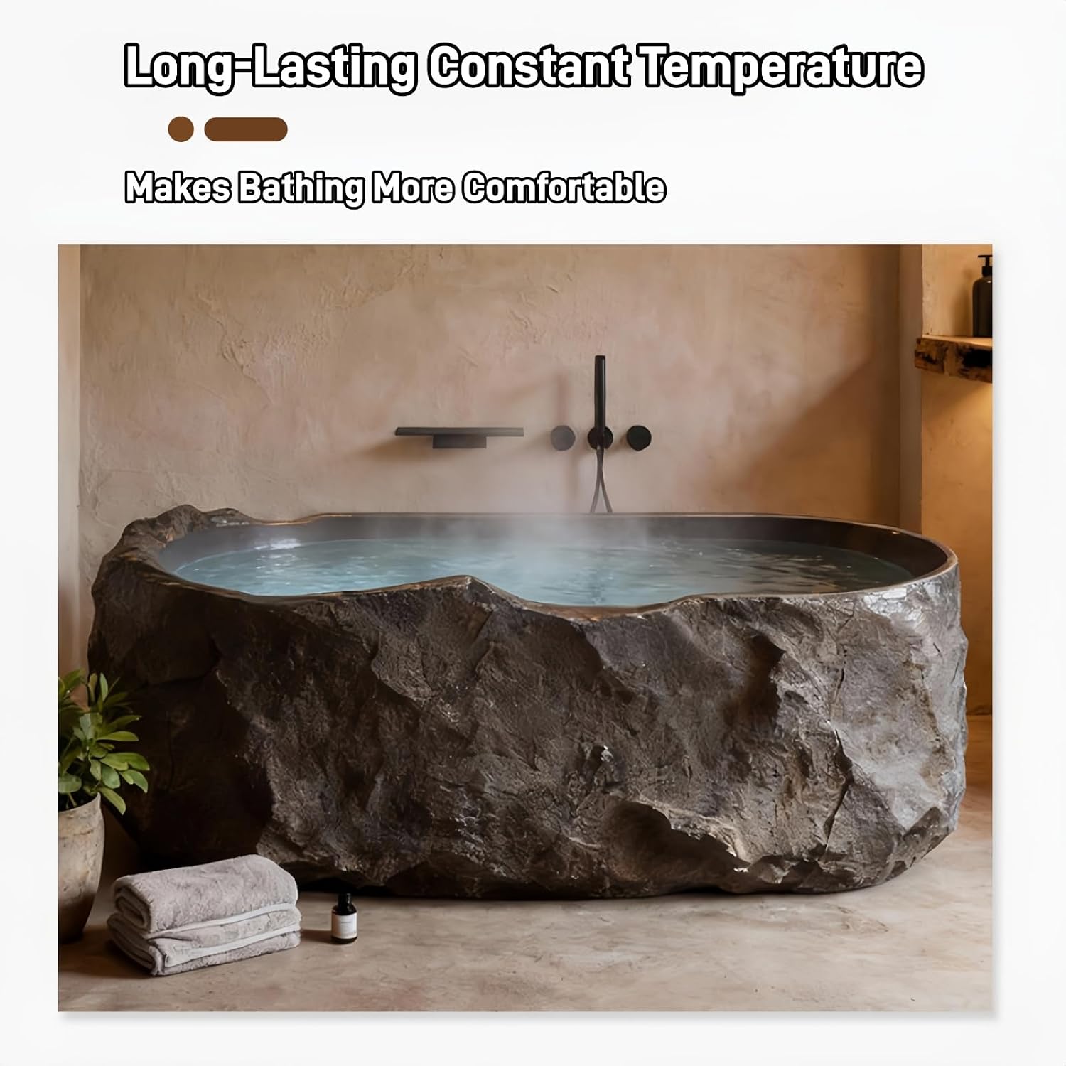 67' Edeyeu Freestanding Bathtub - Solid Surface Soaking Tub, Designer Free Standing Tub with Unique Stone Texture, Deep Soaker Bathtub for Luxury Spa & Home, Black