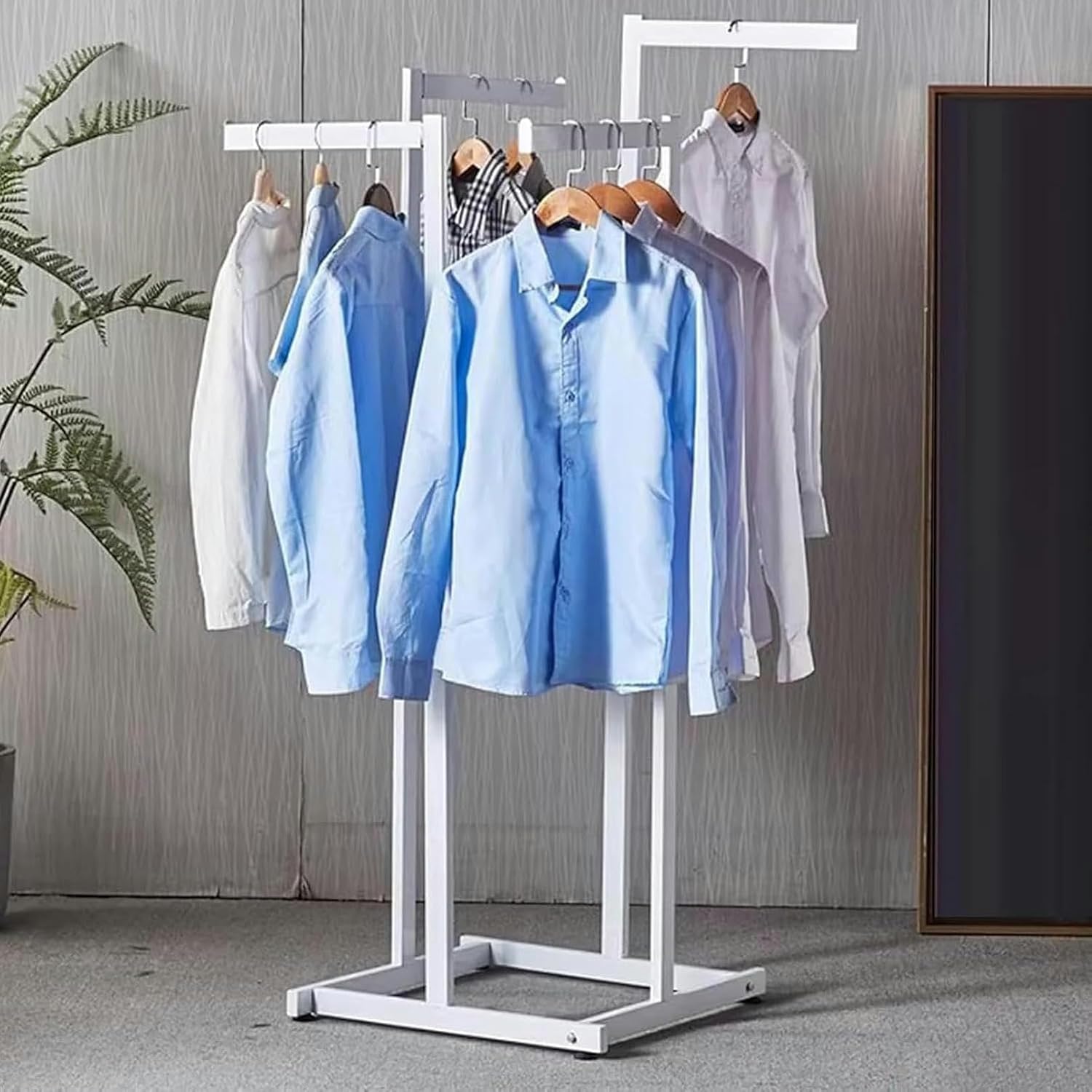 Floor-Standing Metal Garment Rack, Heavy Duty Clothing Rack 4 Way Rack, Adjustable Lifting Retail Display Hanging Shirt Garment Pipe Rack Commercial Hanger