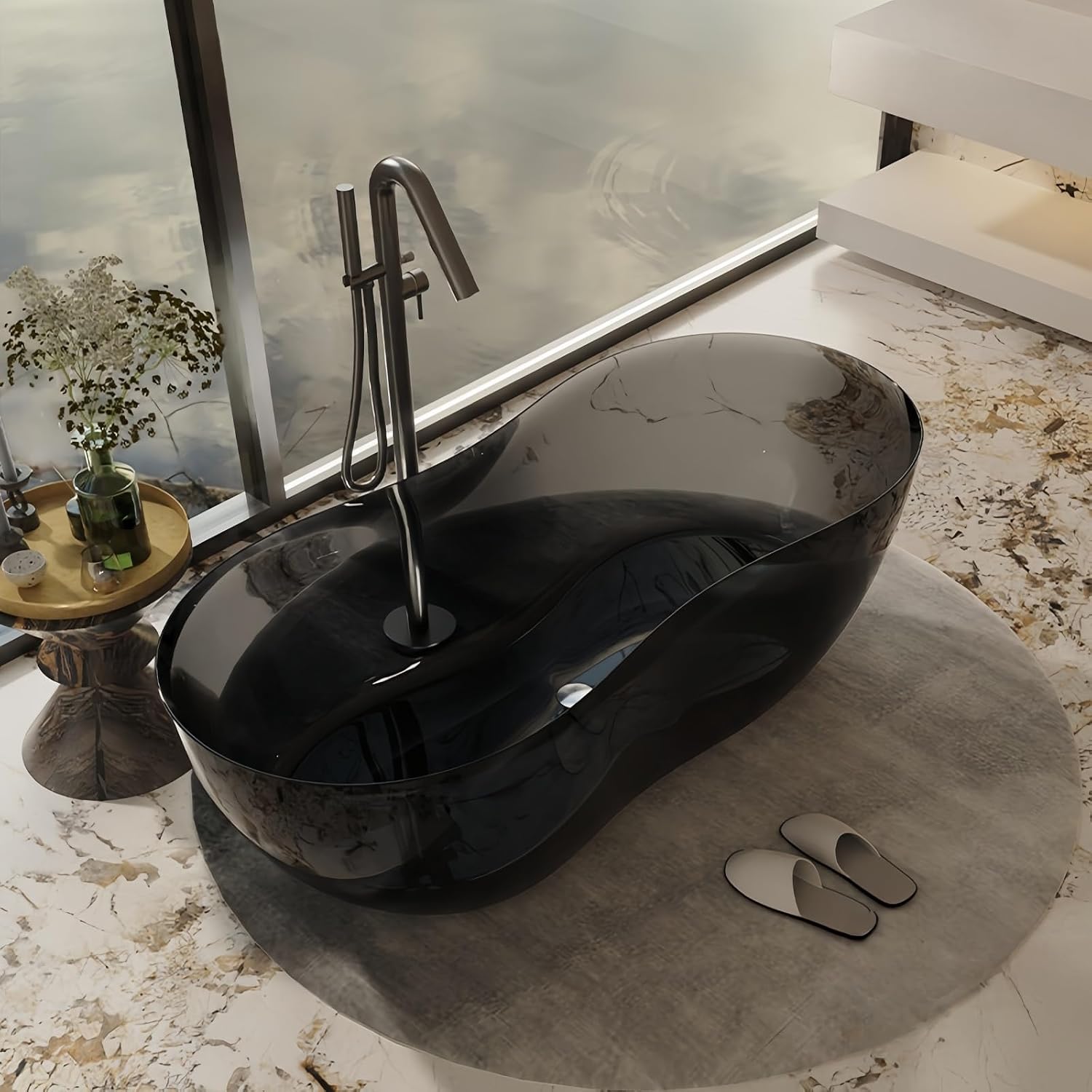 Freestanding Bathtub - Crystal Clear Solid Surface Soaker Tub, Extra Deep Stand Alone Freestanding Bathtubs Made of Natural Resin, Elegant Solid Surface Bathtub (68',Black)