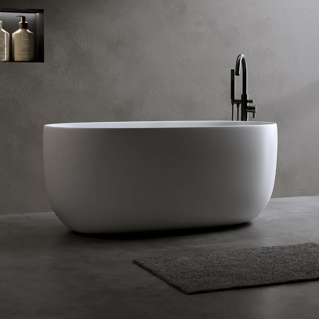 59' Solid Surface Freestanding Soaking Tub, Stone Resin Bathtub with Thick Edge & Overflow, Non-Slip Matte White Finish, Oval Standalone Bathtub with Pop-Up Drain, Easy to Clean & Install