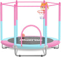 BLUERISE 60' Trampoline for Kids 5FT Toddler Trampolines Indoor/Outdoor with Adjustable Gymnastics Bar & Safety Net, No-Gap Design, Anti-Rollover Bottom, Basketball Hoop, Gifts for Boys & Girls