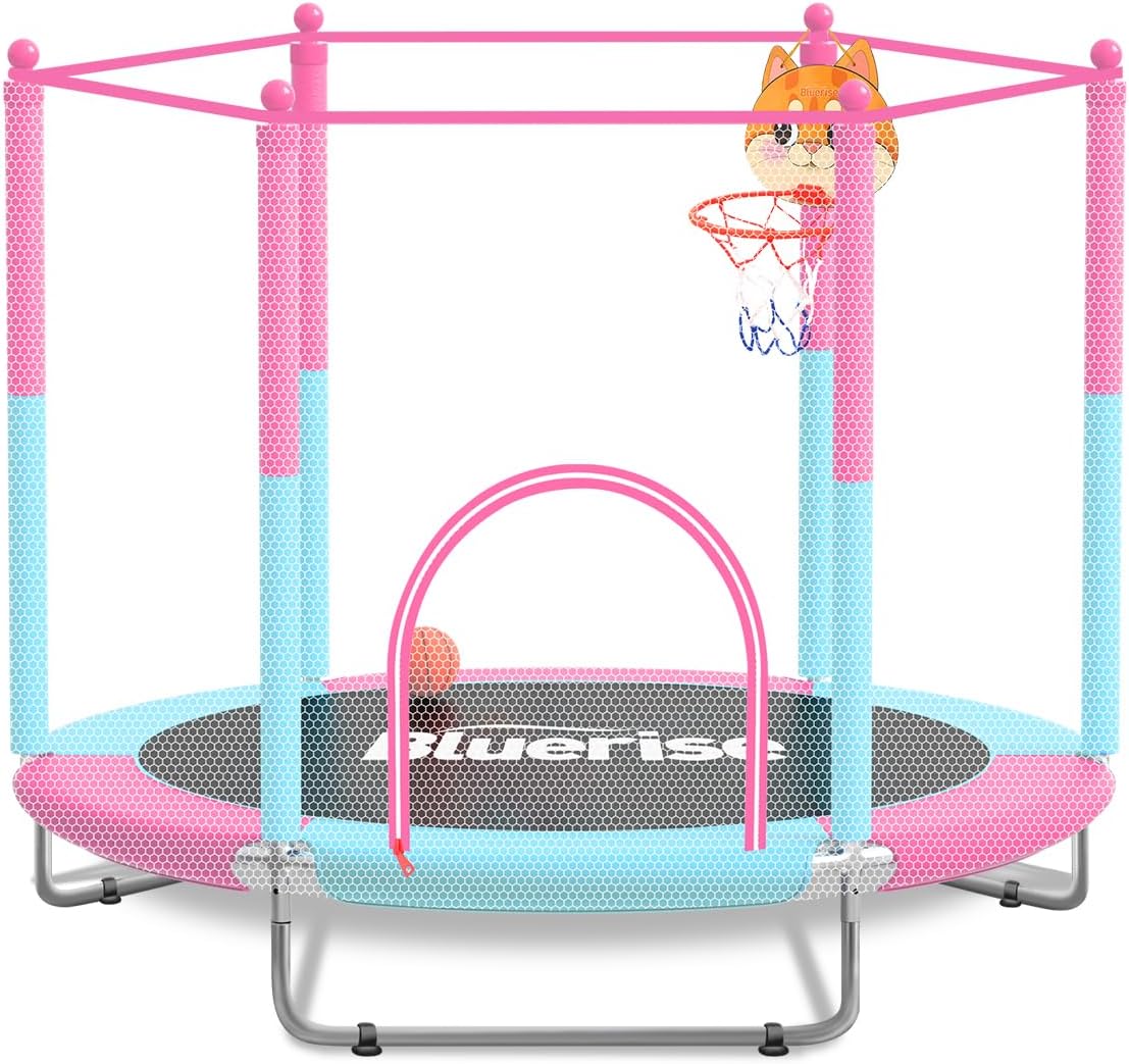 BLUERISE 60' Trampoline for Kids 5FT Toddler Trampolines Indoor/Outdoor with Adjustable Gymnastics Bar & Safety Net, No-Gap Design, Anti-Rollover Bottom, Basketball Hoop, Gifts for Boys & Girls