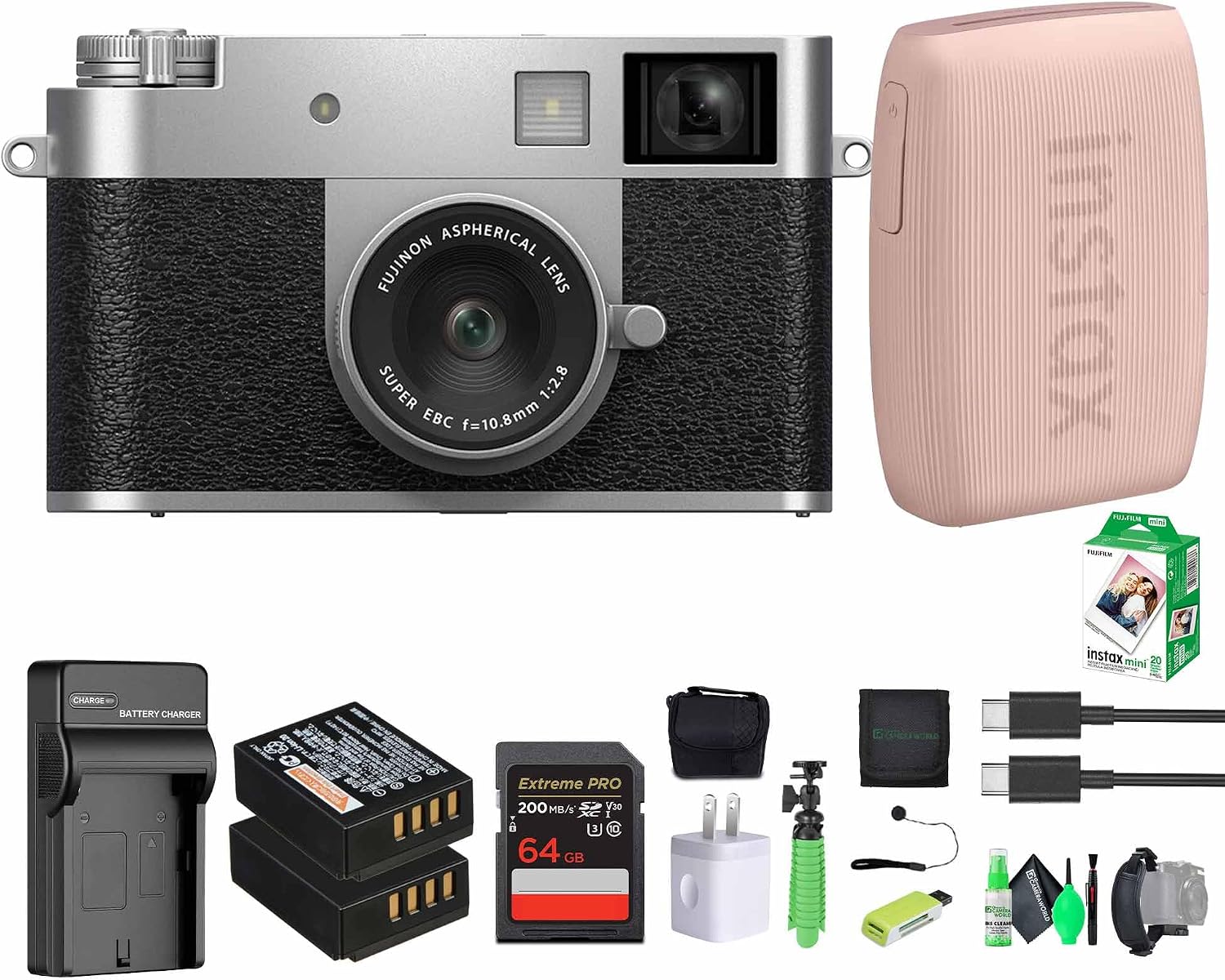 FUJIFILM X Half Premium Compact Digital Camera (Silver) Bundle with Fuji INSTAX MINI Link 3 Smartphone Printer (Rose Pink) + Instax Mini Film + Extra Battery + Charger + 64GB Memory Card + More