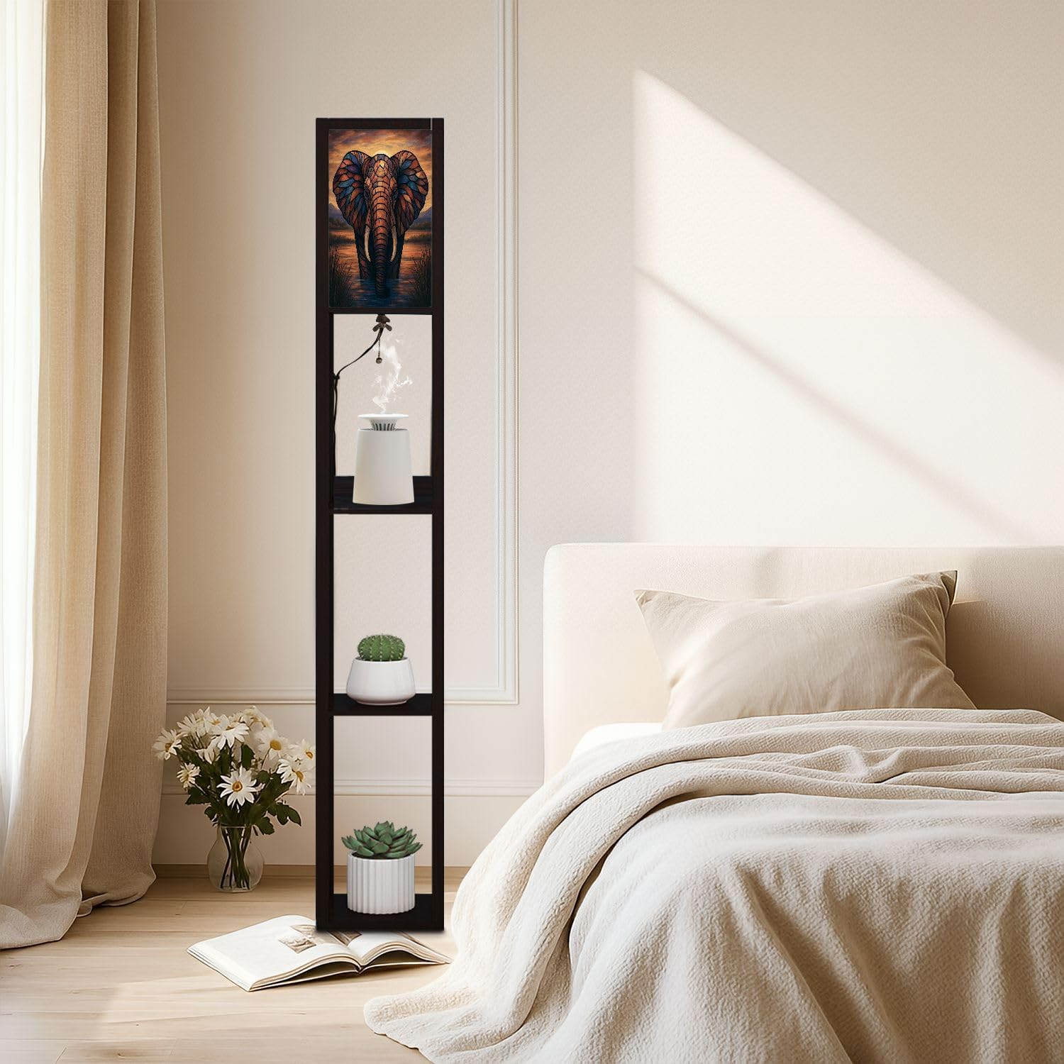 Floor Lamp with Shelves Colored Glass Elephant Sunset Standing Tall Lamp USB Ports & Power Outlet Modern Corner Lamp Nightstand Light for Living Room Bedroom