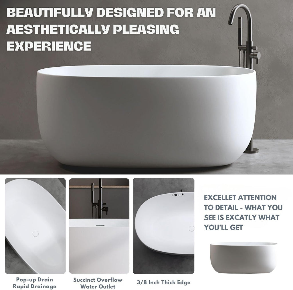 H2O Rectangular 59 in. x 30.7 in. Solid Surface Stone Resin Freestanding Bathtub, 13 in. Soaking Depth, Ergonomic Backrest, Matte White, Center Drain with Overflow, Durable, Easy to Clean
