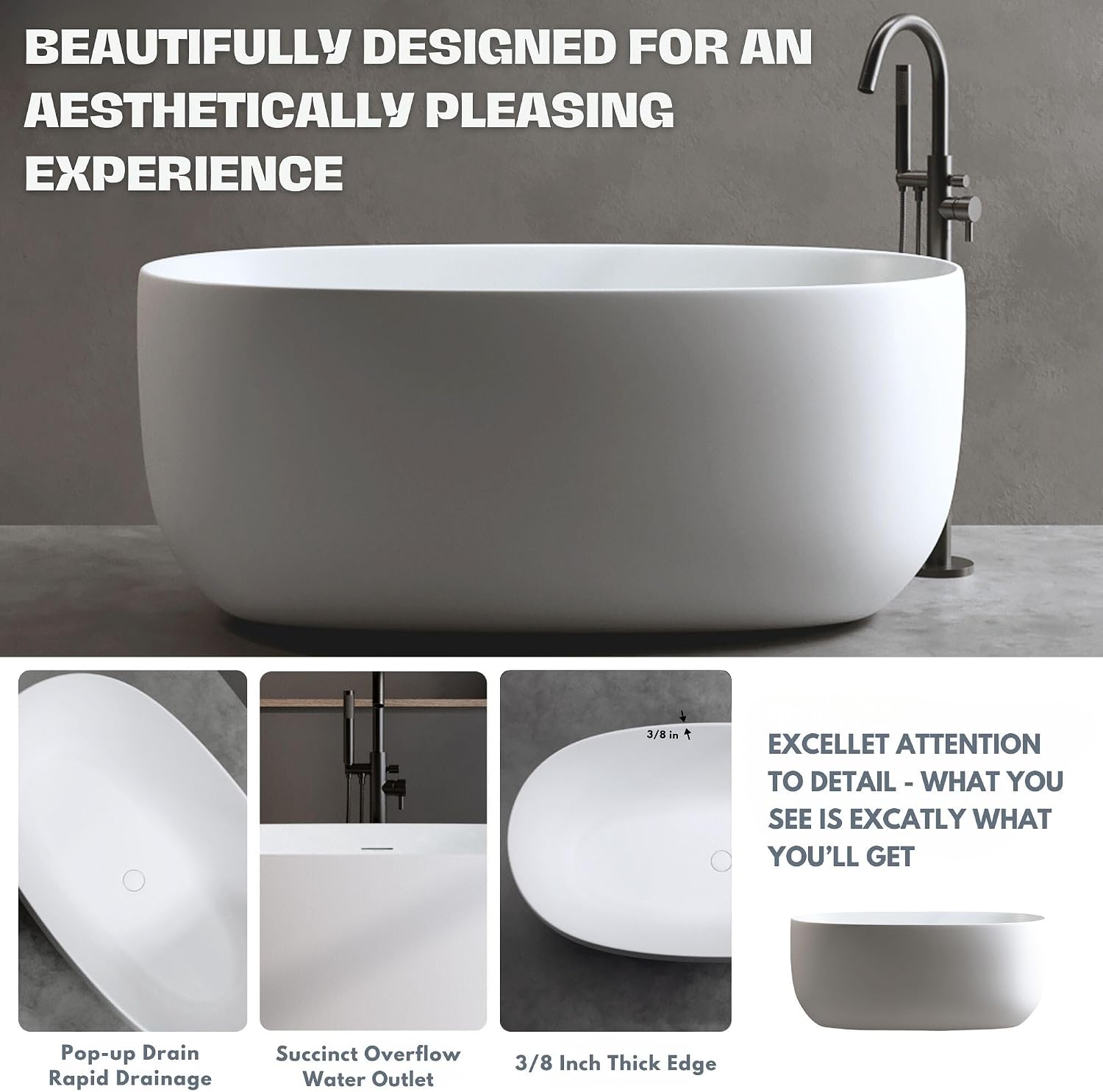 H2O Rectangular 59 in. x 30.7 in. Solid Surface Stone Resin Freestanding Bathtub, 13 in. Soaking Depth, Ergonomic Backrest, Matte White, Center Drain with Overflow, Durable, Easy to Clean