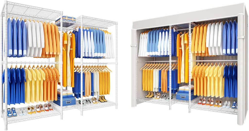 Ulif E12 E12C (With White Dustproof Cover) Heavy Duty Closet Organizer System，Freestanding Clothing Racks for Hanging Clothes，Adjustable Garment Rack