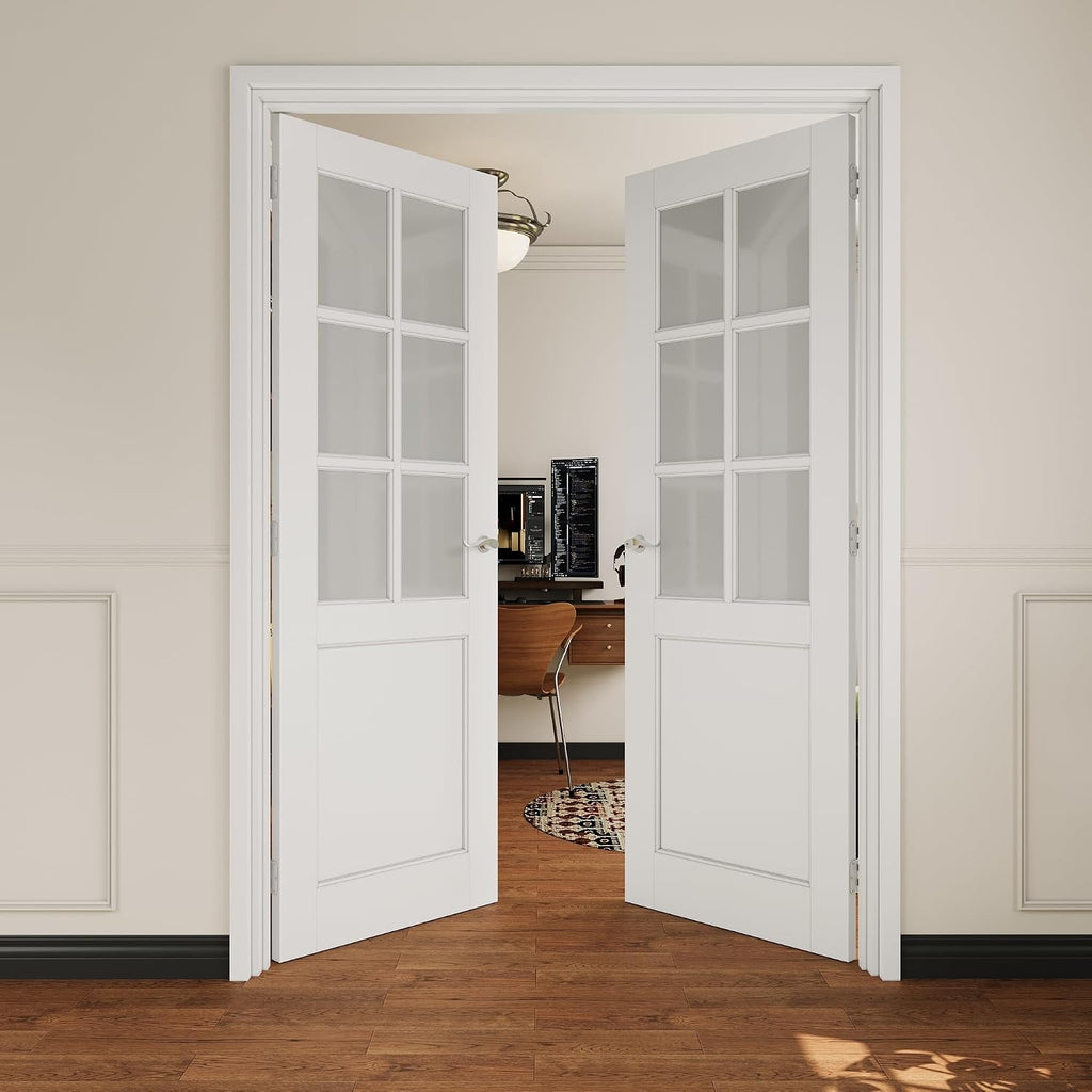 French Door 56' x 80' (Double 28' x 80') 6-Lite Frosted Glass Door Slabs with Pre-hung Jamb, Silver Hinges, Levers and Latch, White Primed, French Interior Doors with frame, Swing Double Bedroom Doors
