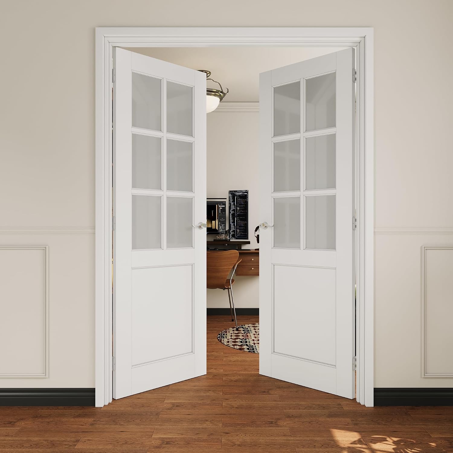 French Door 56' x 80' (Double 28' x 80') 6-Lite Frosted Glass Door Slabs with Pre-hung Jamb, Silver Hinges, Levers and Latch, White Primed, French Interior Doors with frame, Swing Double Bedroom Doors