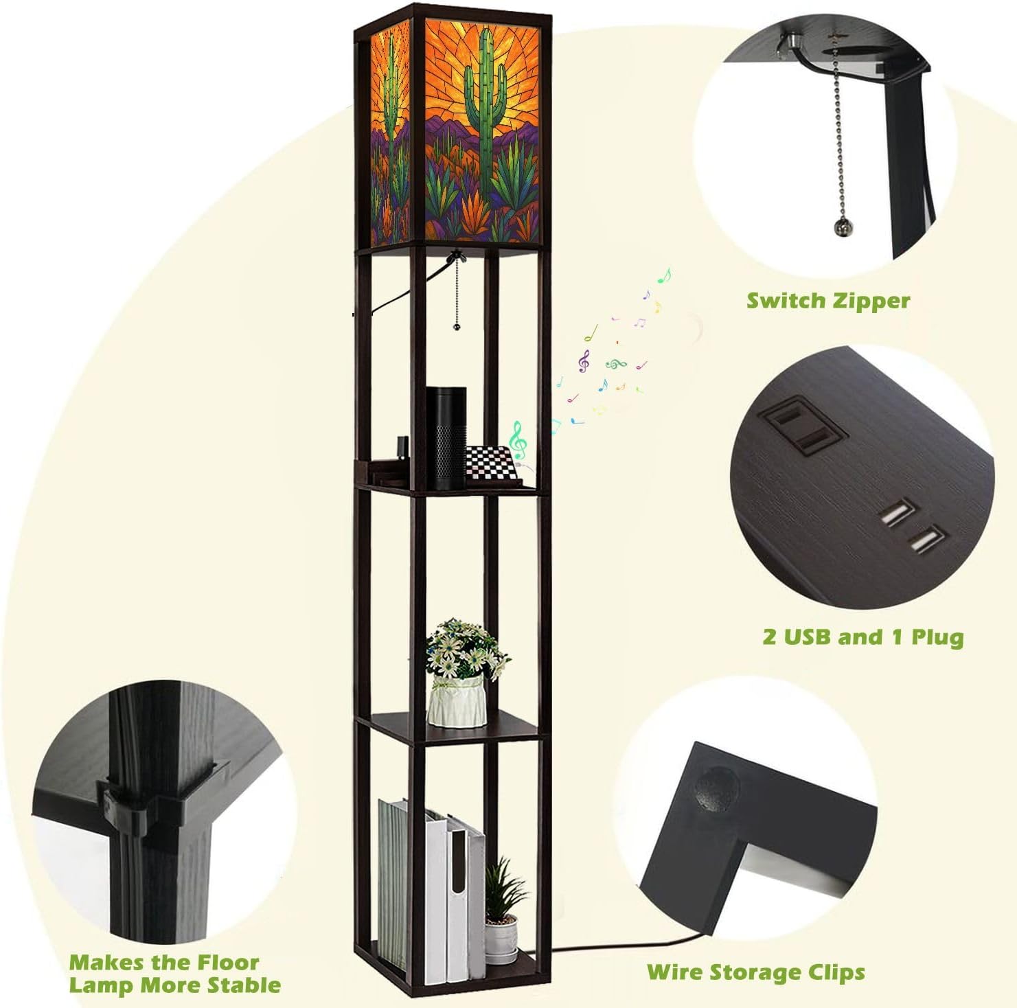Floor Lamp with Shelves Geometric Western Cactus Stained Glass Design Standing Tall Lamp USB Ports & Power Outlet Modern Corner Lamp Nightstand Light for Living Room Bedroom