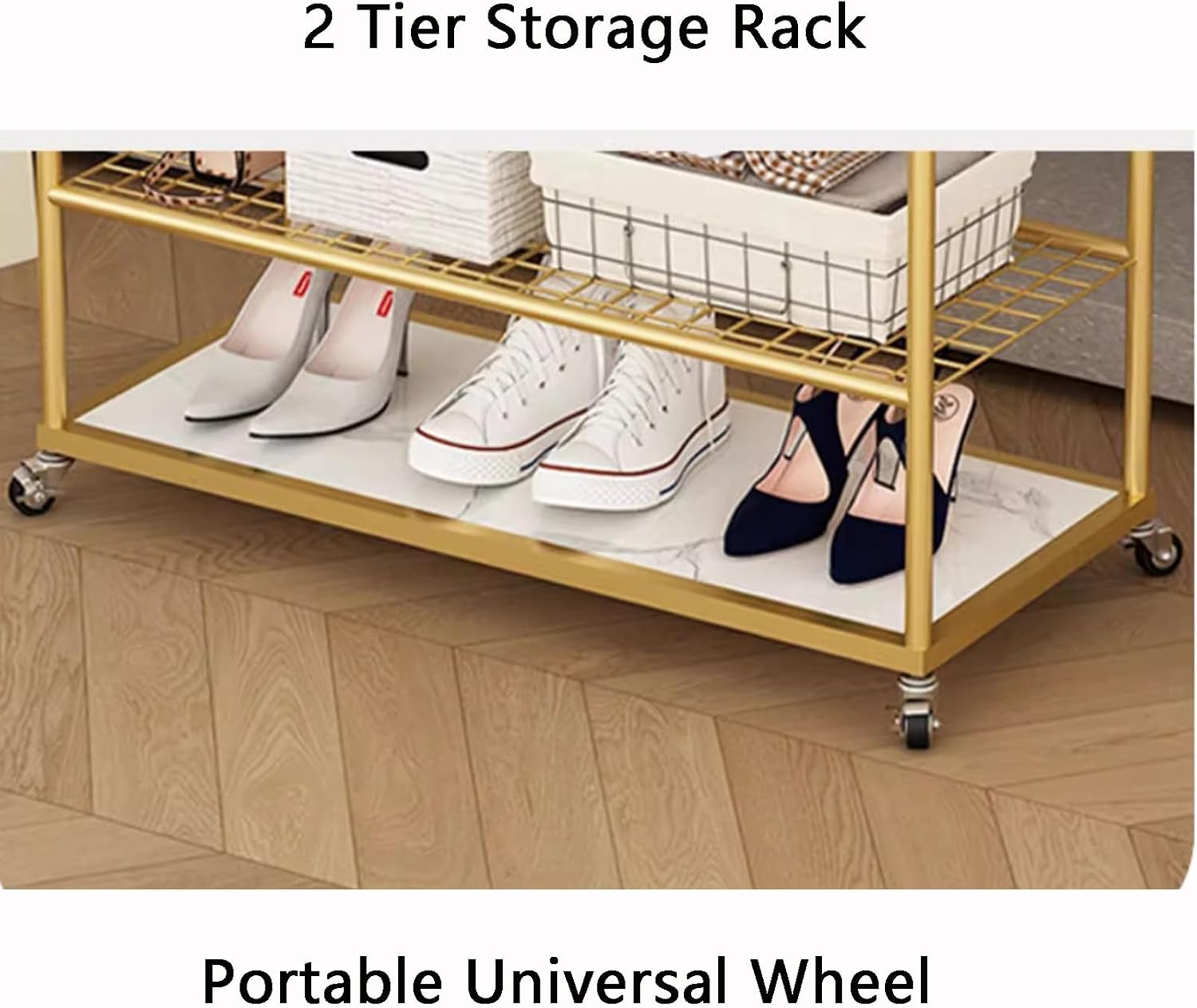 Heavy duty Garment rack Double Rods Clothes Rack With Wheels, Heavy Duty Metal Clothing Rack For Hanging Clothes, Multi-functional Coat Rack With 2 Shelves And 4 Hooks,Clothes Organi (Gold 100X30X170