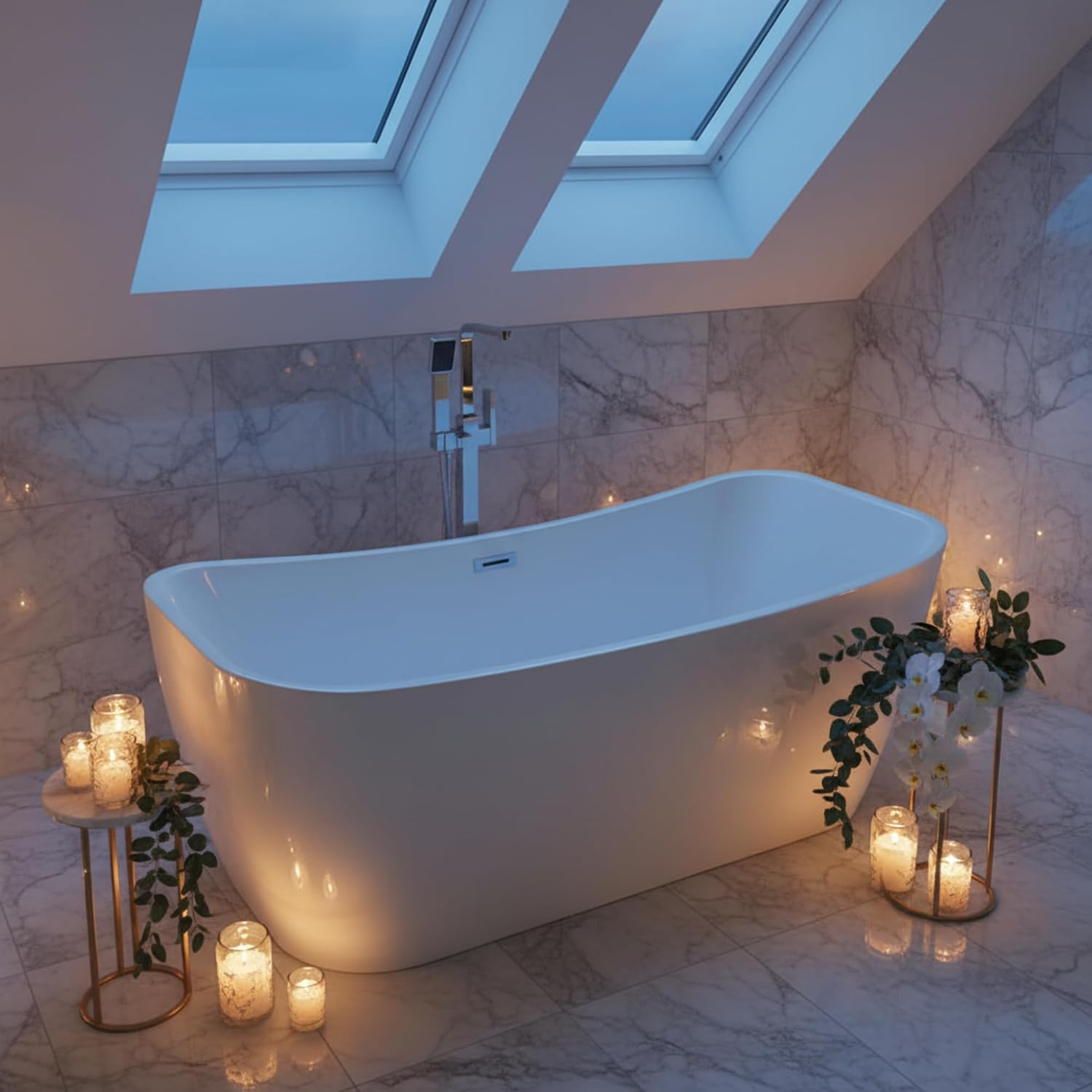 Arles 67' Freestanding Acrylic Bathtub with Chrome Drain, Glossy White Seamless Soaking Tub, Fiberglass Reinforced with Leveling Legs, 68 Gal Capacity