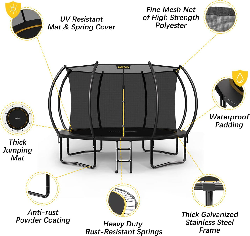 Mersco Trampoline Outdoor 10FT 12FT 14FT with Enclosure and Ladder, ASTM Approved Recreational Trampoline for Kids and Adults, Anti-Rust Coated Frame, Enhanced Weight Capacity
