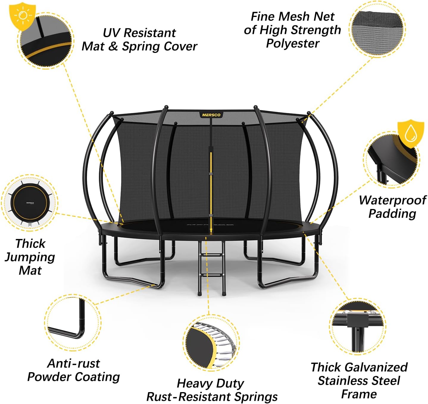 Mersco Trampoline Outdoor 10FT 12FT 14FT with Enclosure and Ladder, ASTM Approved Recreational Trampoline for Kids and Adults, Anti-Rust Coated Frame, Enhanced Weight Capacity