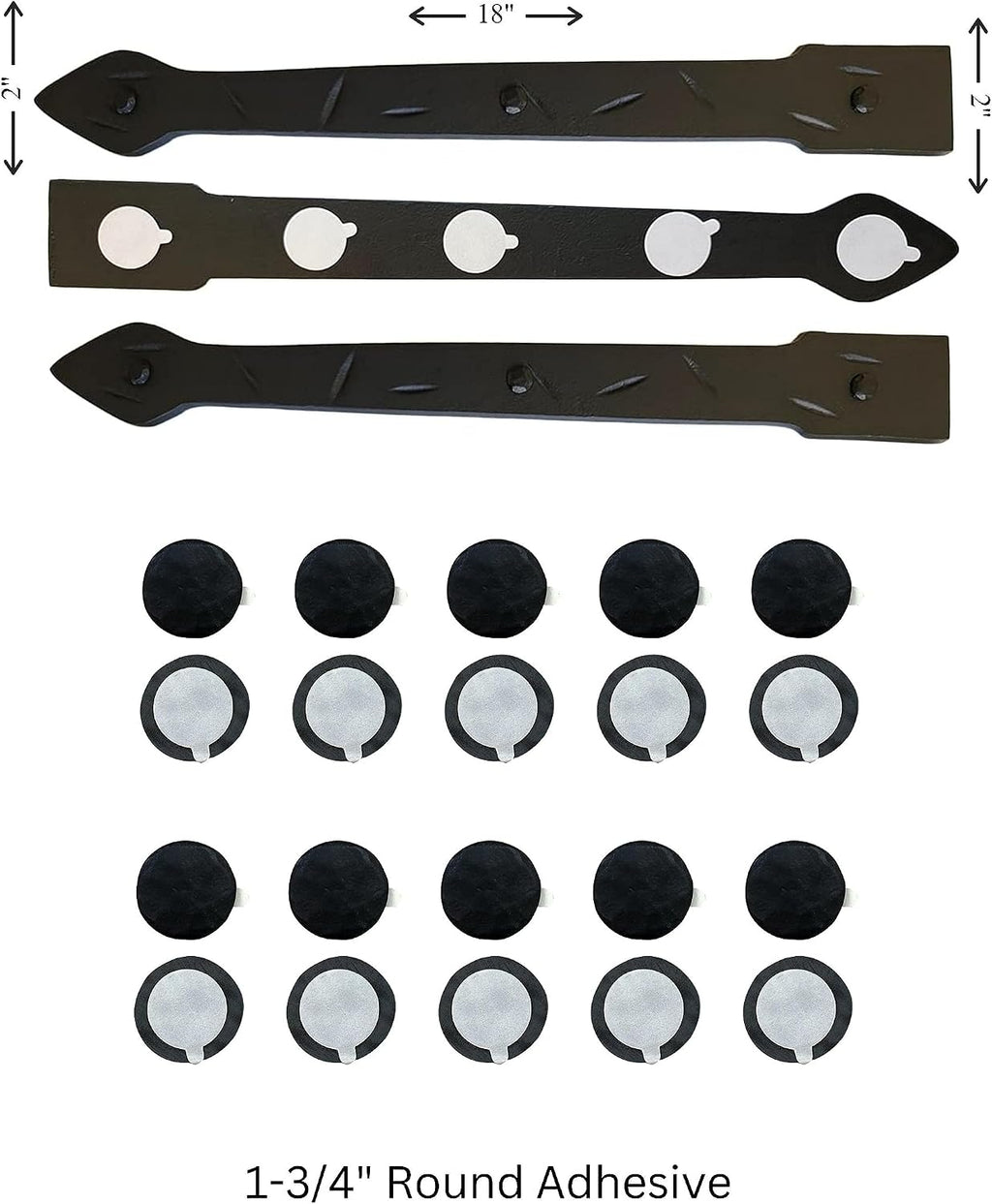 The Rustic Express - Self Adhesive 3 Iron Straps 18' & 20 Round Clavos 1-3/4' - Decorative Hinges & Clavos for Farm, Fiberglass, Metal, Wooden Gate Hinge and Garage Door Hardware - Black
