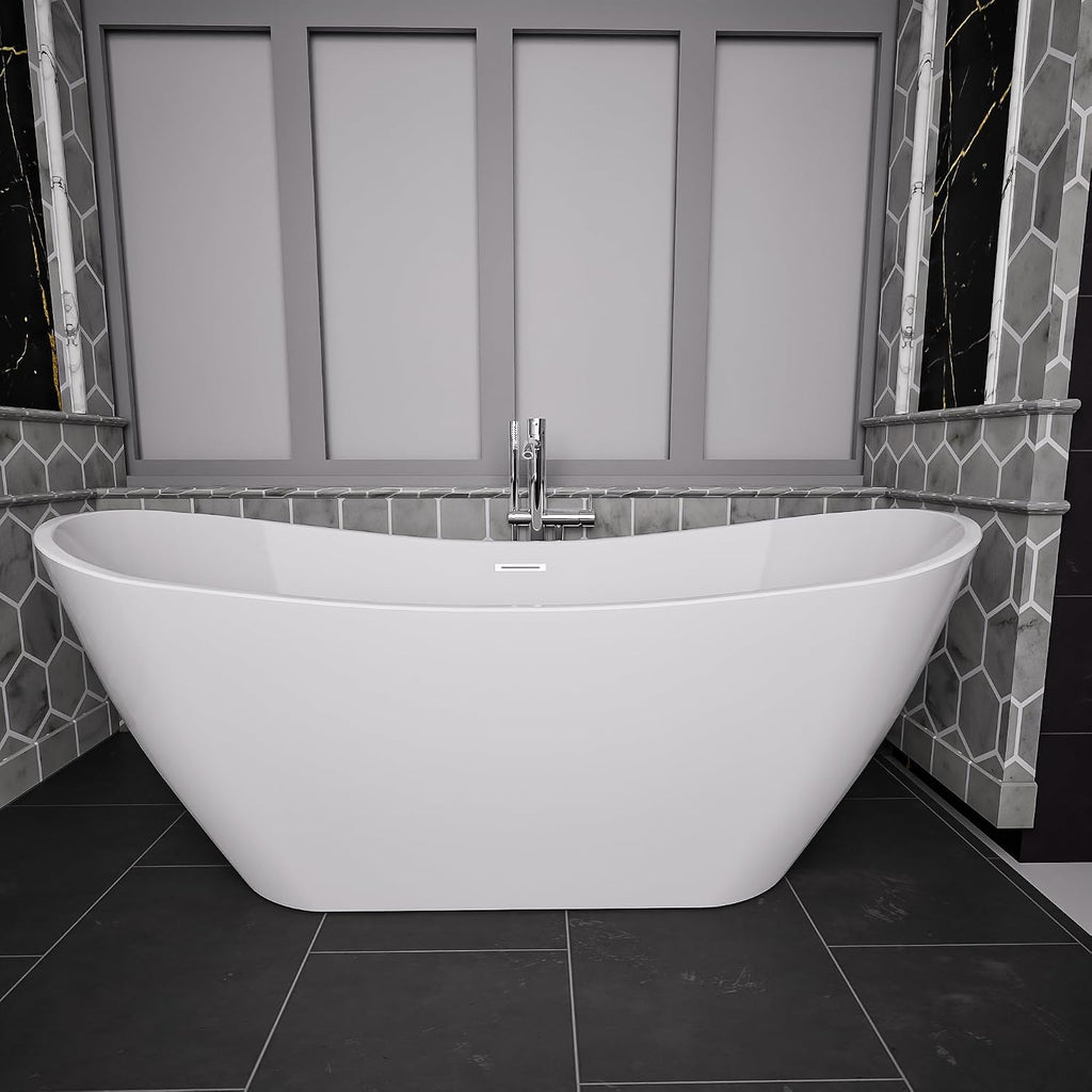 BuildMyplace Sky 67' Acrylic Freestanding Contemporary Soaking Bathtub with Glossy White Finish, Oval Shape, Chrome Plated Drain Cover & Pop Up-Overflow Hole