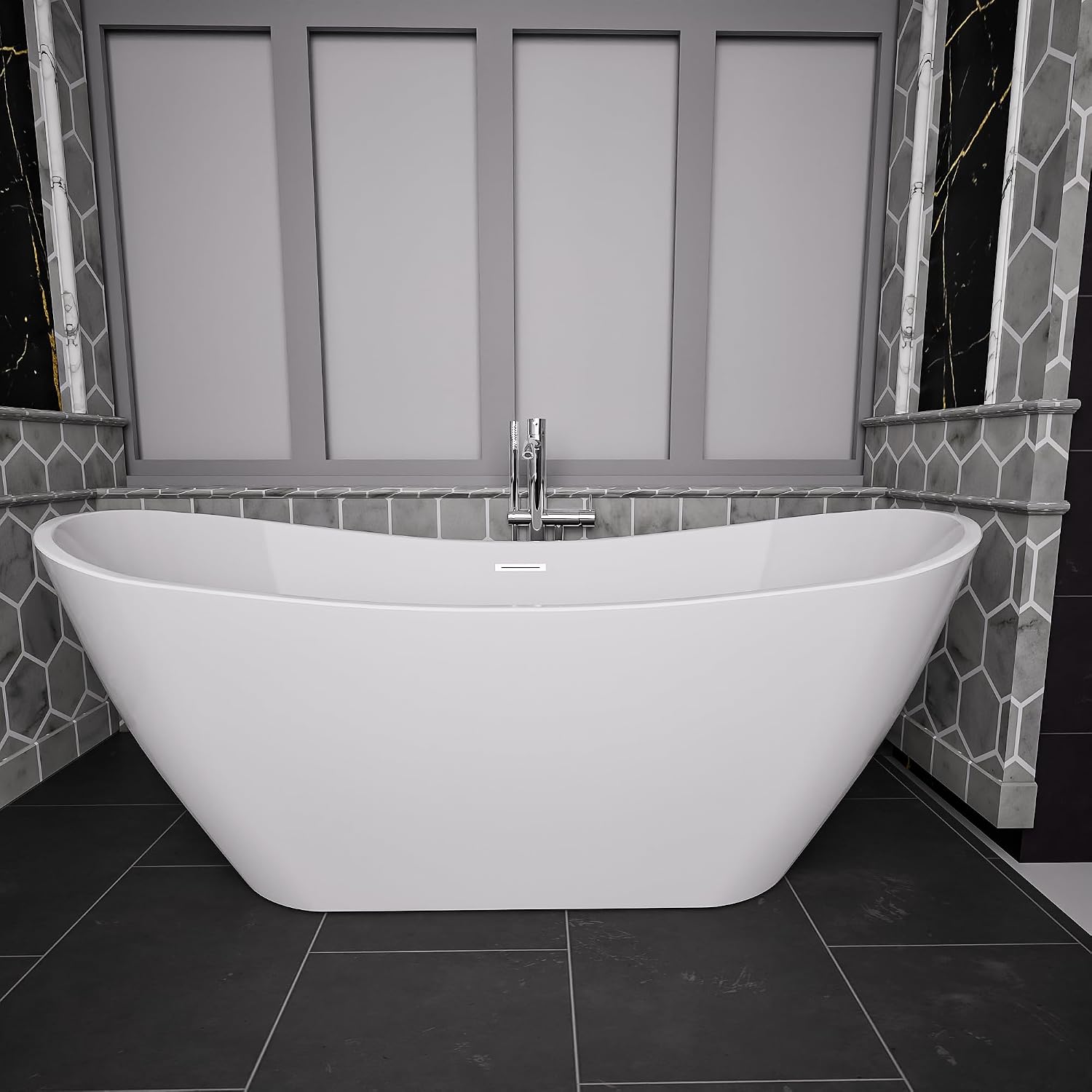 BuildMyplace Sky 67' Acrylic Freestanding Contemporary Soaking Bathtub with Glossy White Finish, Oval Shape, Chrome Plated Drain Cover & Pop Up-Overflow Hole