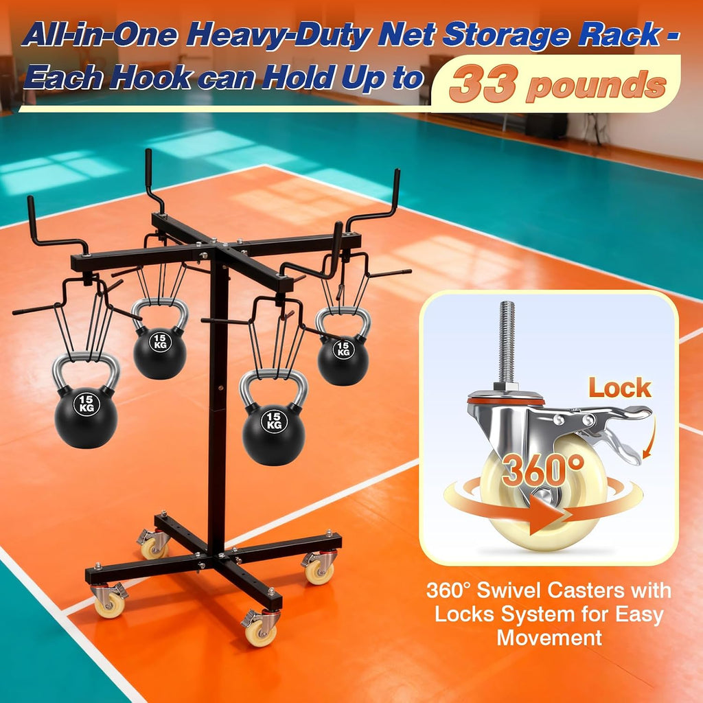 Movable Sports Net Storage Rack with Lockable Wheels, Heavy-Duty Holder for Volleyball, Tennis, Pickleball, Badminton Nets, Space-Saving Support Rack with Swivel Handle & Dust Covers