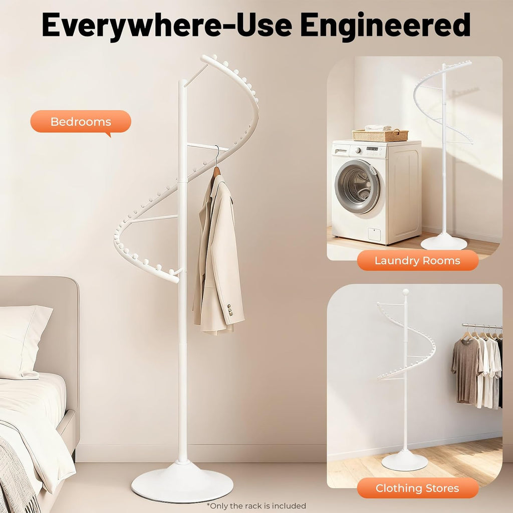 JOMCYDM Spiral Rotating Clothing Rack Heavy Duty Garment Rack Standing Scarf Holder 360 ° Metal Clothes Display Rack for Bedroom Living Room Retail Stores (White)