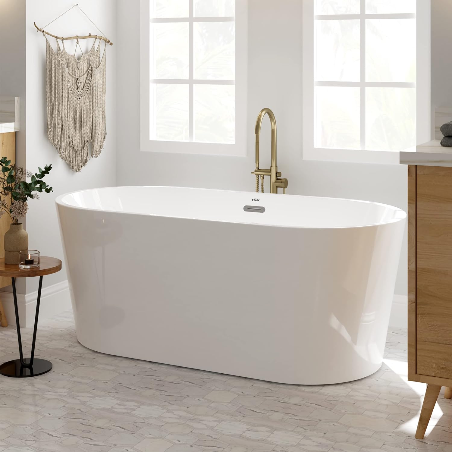 FerdY Shangri-La 59' Acrylic Freestanding Bathtub, Classic Oval Shape Acrylic freestanding tub Modern White, cUPC Certified, Chrome Drain and Classic Slotted Overflow Included