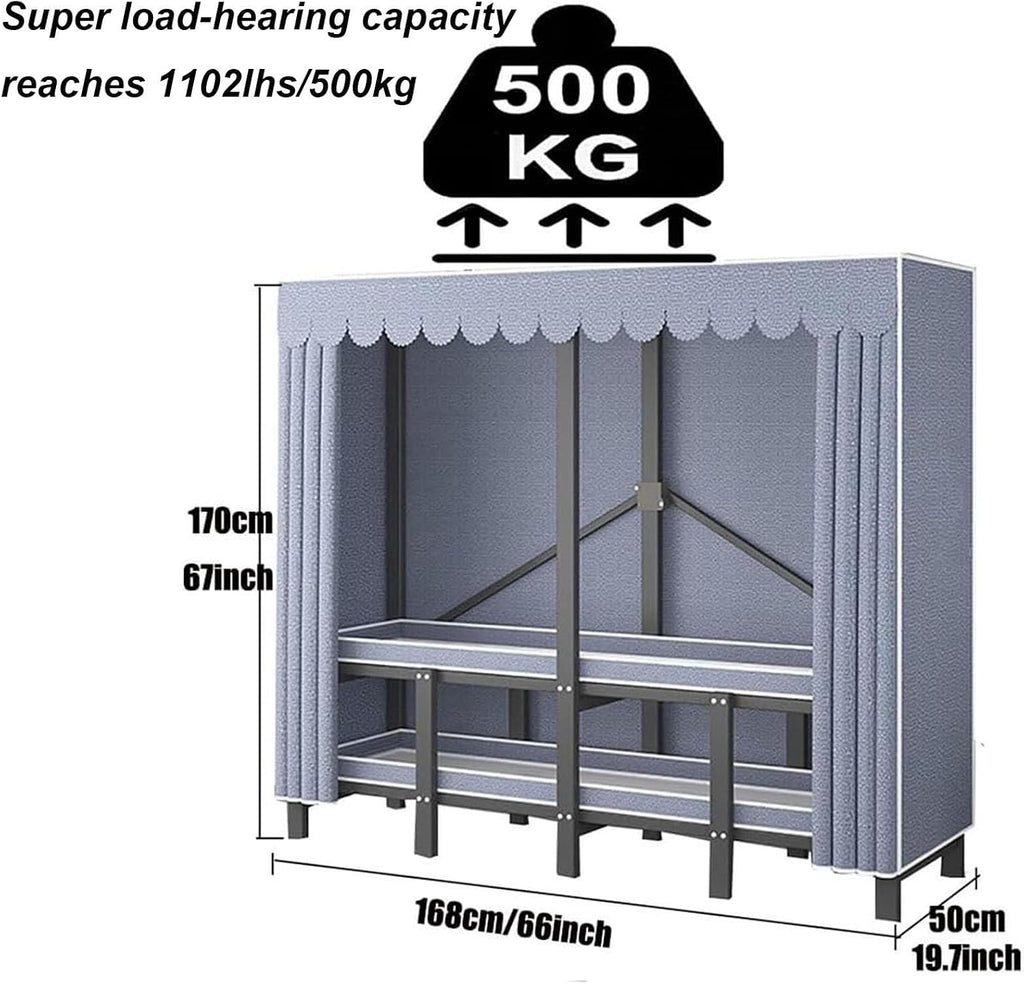 Foldable Portable Garment Rack, Free Standing Clothing Rack with Shelf Foldable Design Garment Rack with Grey Cover Clothing Storage Rack for Bedroom Wardrobe, Heavy-duty Portable Closet(66inch/168cmx