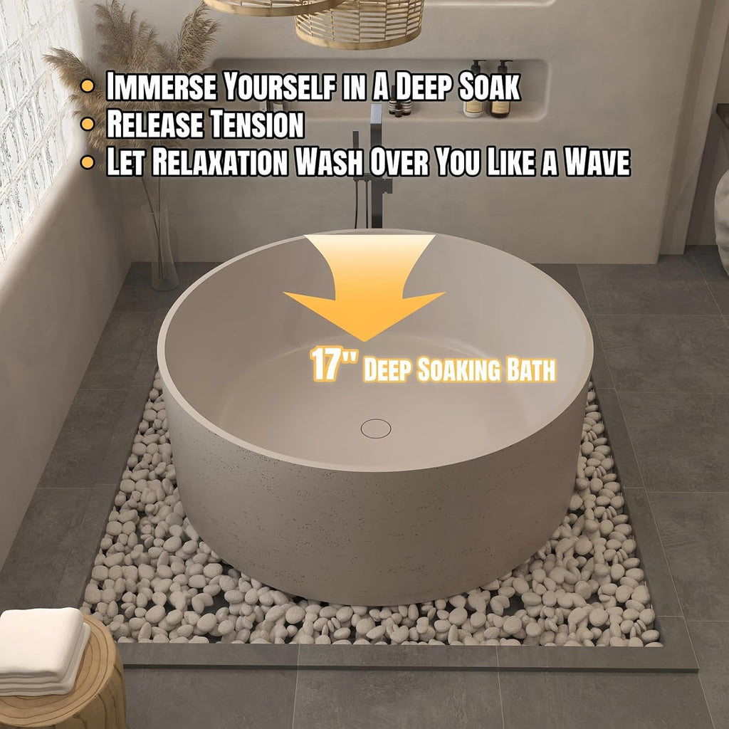 Freestanding Bathtub Round Soaking Tub, Solid Surface Bathtub Stand Alone Design, Extra Deep Ergonomic Soaker with Heat Retention for Luxury Bathrooms (59',Beige)