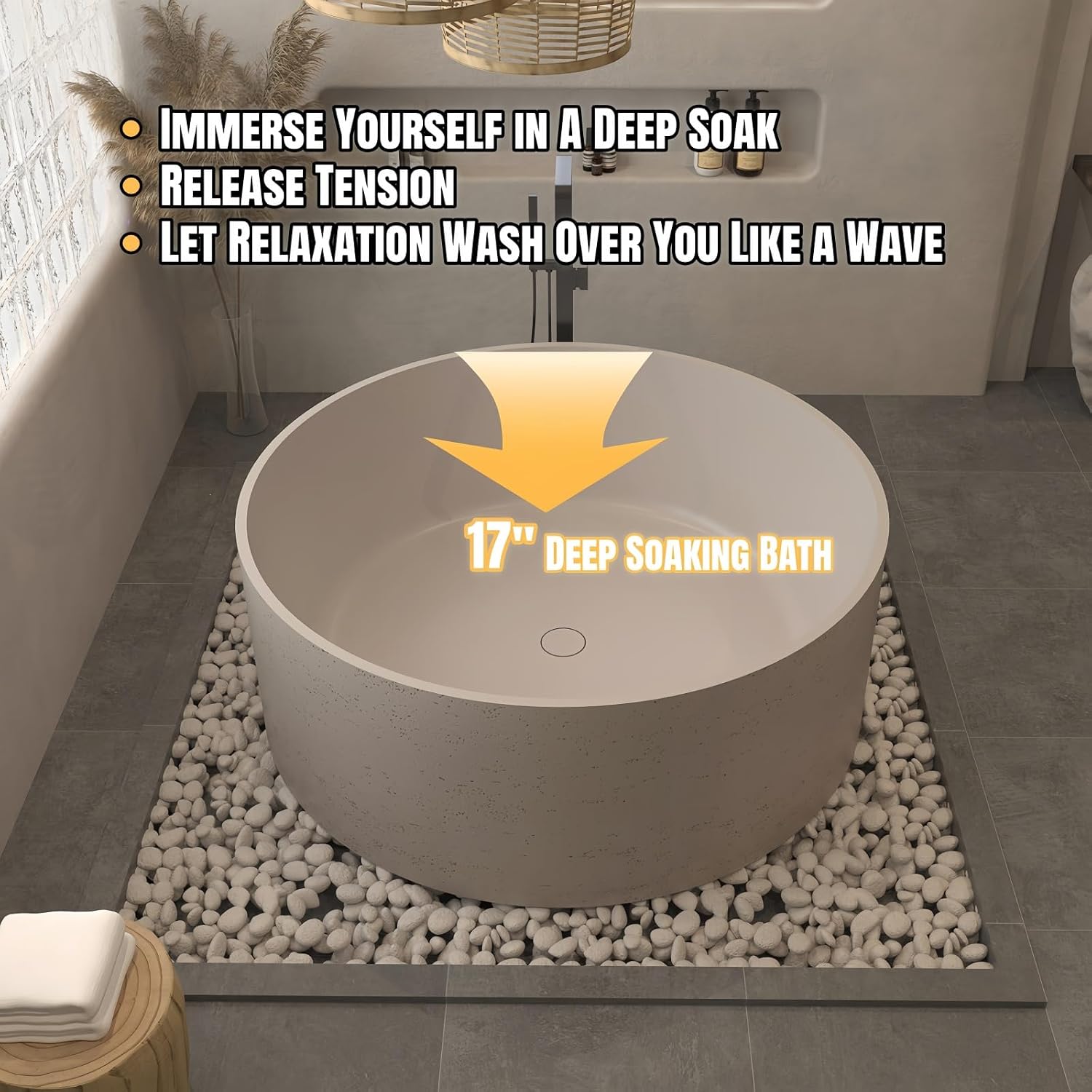Freestanding Bathtub Round Soaking Tub, Solid Surface Bathtub Stand Alone Design, Extra Deep Ergonomic Soaker with Heat Retention for Luxury Bathrooms (59',Beige)