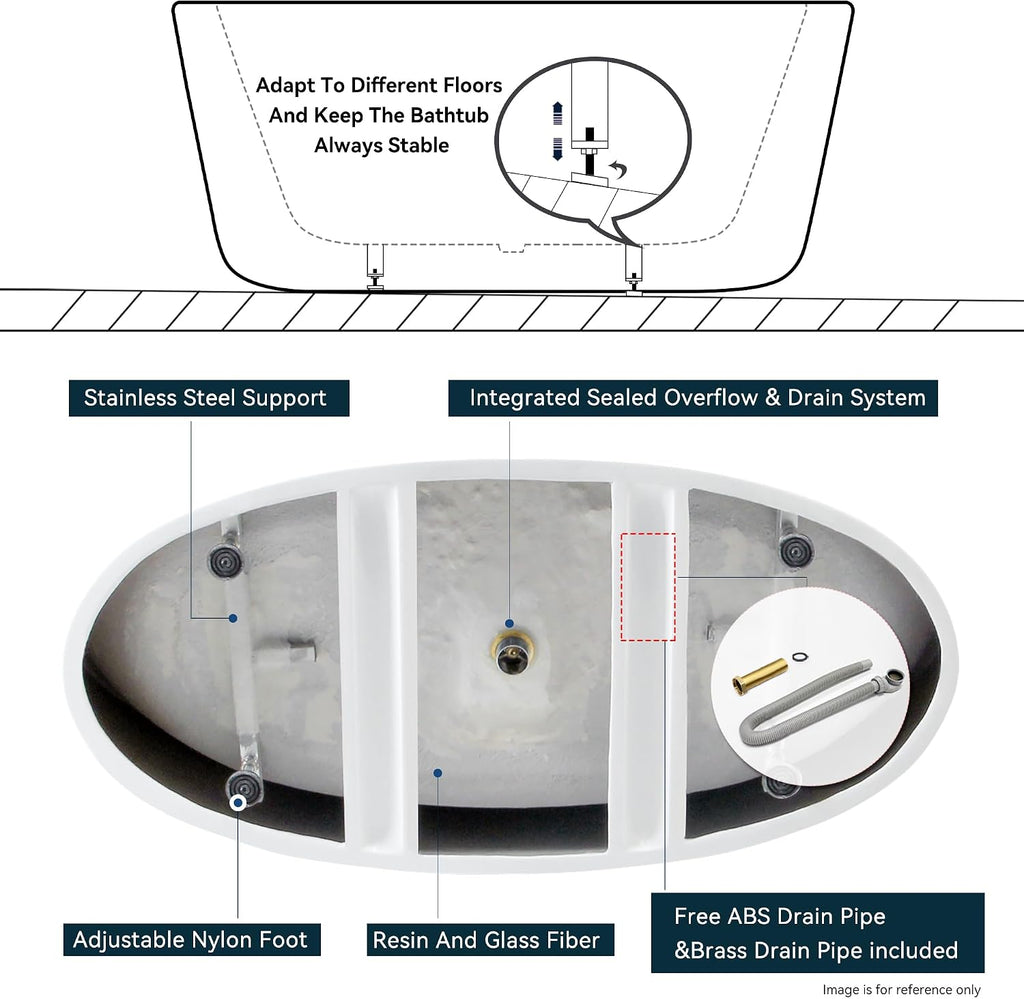 FerdY Tahiti 59' Acrylic Freestanding Bathtub, Elegant Oval Shape Bathtub, Glossy White, Brushed Nickel Drain & Integrated Slotted Overflow Assembly Included cUPC Certified, 02119