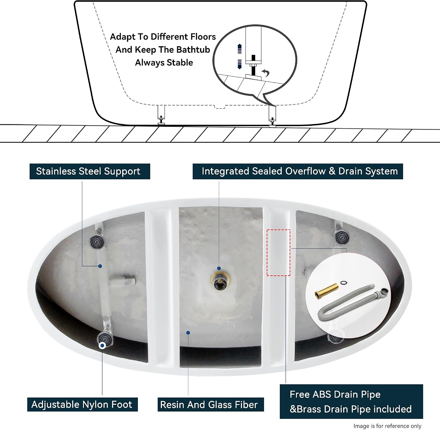 FerdY 59' Acrylic Freestanding Bathtub, Contemporary Soaking tub with Polished Gold Drain & Overflow, cUPC Certified, Elegant Oval Shape, Tahiti