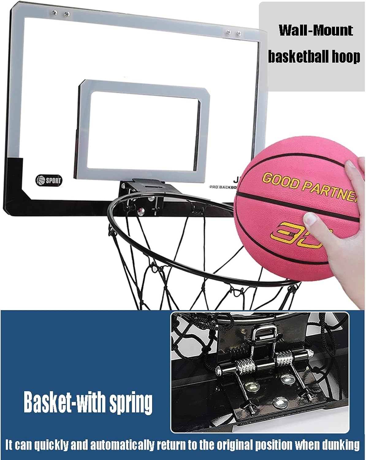Mini Basketball Hoop Kit, Punch-Free Home Office Wall-Mounted Basketball Hoop, for Adults and Kids, with 2 Basketballs (Size : 59x40.5cm)