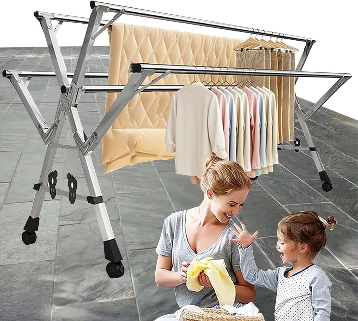 Garment Rack Heavy Duty with Wheels, Collapsible Clothes Drying Racks Foldable, Laundry Rack for Drying Clothes, 5 Rod Stainless Steel Laundry Stand, for Clothes, Towels