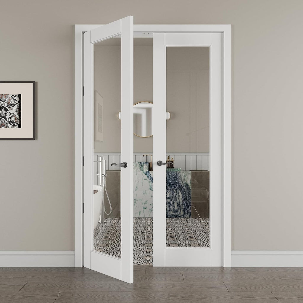 48' x 80' French Doors Interior (Double 24' x 80' Clear Glass Door with Black Hinge Prehung Jamb Kit), Pre-Finished & Paintable, Prebuilt Home Door Panels & Assembly Required Jamb