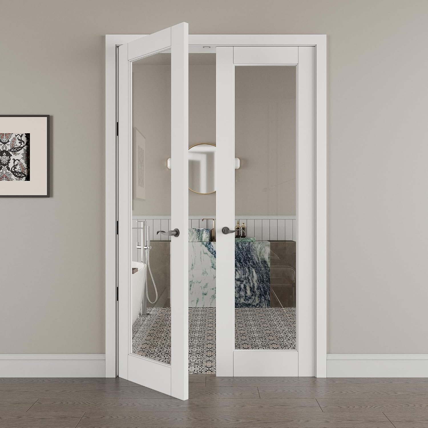48' x 80' French Doors Interior (Double 24' x 80' Clear Glass Door with Black Hinge Prehung Jamb Kit), Pre-Finished & Paintable, Prebuilt Home Door Panels & Assembly Required Jamb