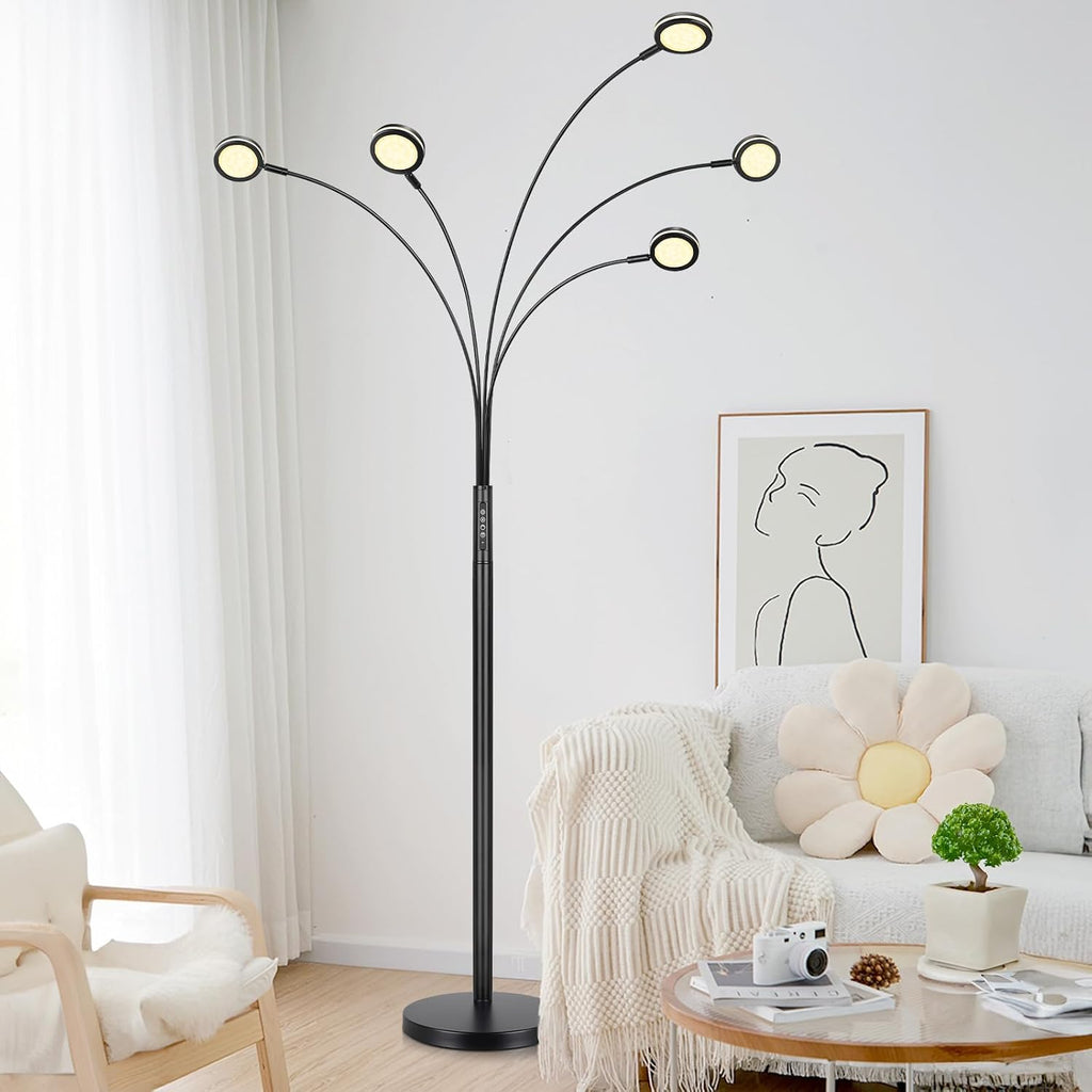 LED Arc Floor Lamp with Remote, 2250LM Dimmable Floor Lamp with Timer, Adjustable Colors, Brightness & 5 Adjustable Arms,Multi-Head Tall Tree Standing Lamp for Living Room Bedroom Corner Office, Black