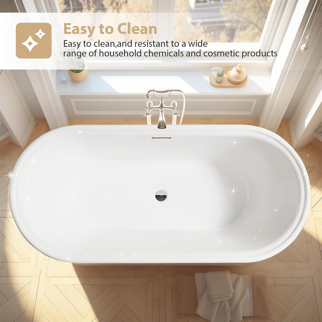 Vanity Art 59 x 30 Inches Freestanding Bathtub Acrylic Modern Stand Alone Soaking Tub with UPC Certified Slotted Overflow and Pop-up Center Drain, White VA6610-S-BN