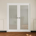 French Door 68' x 80' (Double 34' x 80') Frosted Glass Door Slabs with Pre-Hung Jamb, Silver Hinges, Levers and Latch, White Primed, French Interior Doors with Frame, Swing Double Bedroom Doors