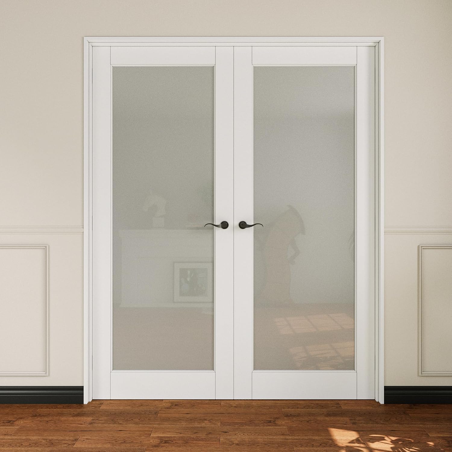 French Door 68' x 80' (Double 34' x 80') Frosted Glass Door Slabs with Pre-Hung Jamb, Silver Hinges, Levers and Latch, White Primed, French Interior Doors with Frame, Swing Double Bedroom Doors