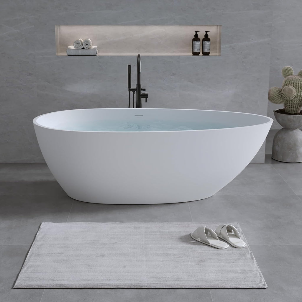 59' Freestanding Bathtub, Solid Surface Resin Stone Bathtub, Soaking Tub for Bathroom, Stand Alone Tub, Integrated Overflow and Drain, Matte White Oval