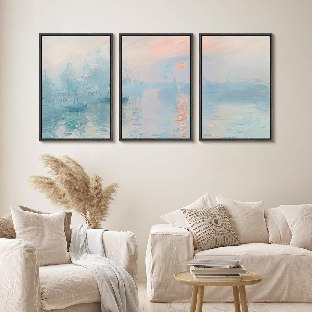 wall26 Framed Canvas Print Wall Art Set Impression, Sunrise Claude Monet Inspired Seascape Illustrations Modern Art Decorative Floral Botanical Minimal for Bedroom - 24'x36'x3 Black