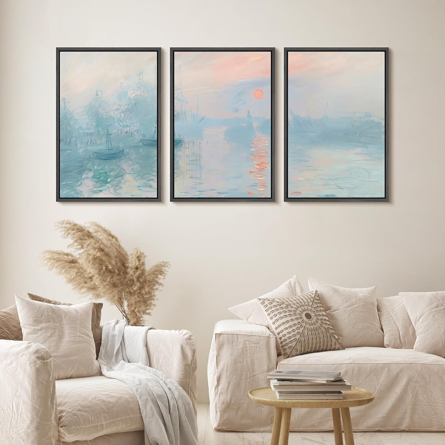 wall26 Framed Canvas Print Wall Art Set Impression, Sunrise Claude Monet Inspired Seascape Illustrations Modern Art Decorative Floral Botanical Minimal for Bedroom - 24'x36'x3 Black