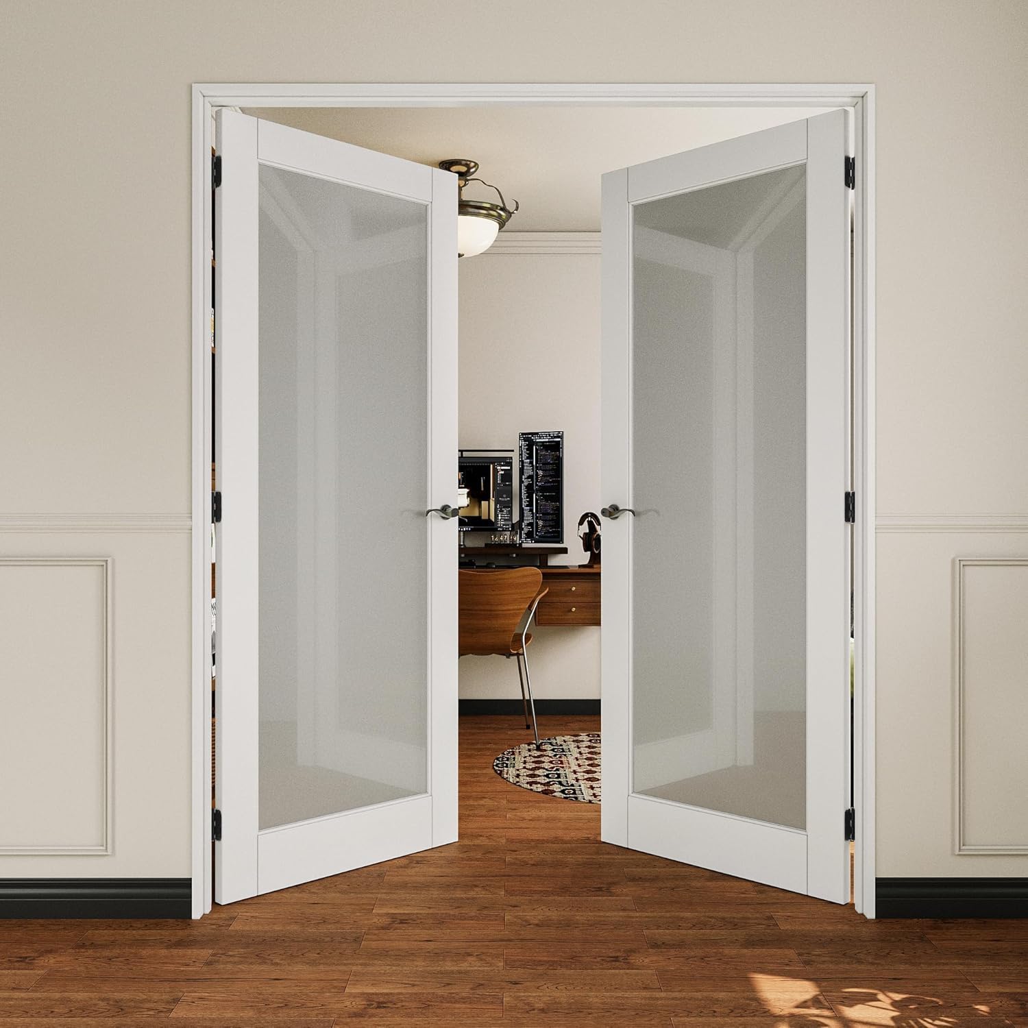 French Door 68' x 80' (Double 34' x 80') Frosted Glass Door Slabs with Pre-Hung Jamb, Silver Hinges, Levers and Latch, White Primed, French Interior Doors with Frame, Swing Double Bedroom Doors