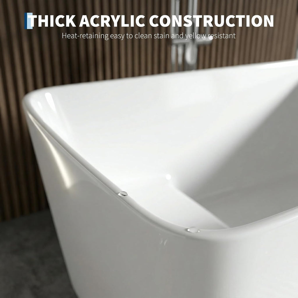 GarveeLife 55 InchFreestanding Acrylic Bathtub, Deep Soaking Tub with Non-Slip Base & Chrome Drain, Space-Saving Bathtub, Easy Install, CUPC CertifiedModern Tub for Bathrooms