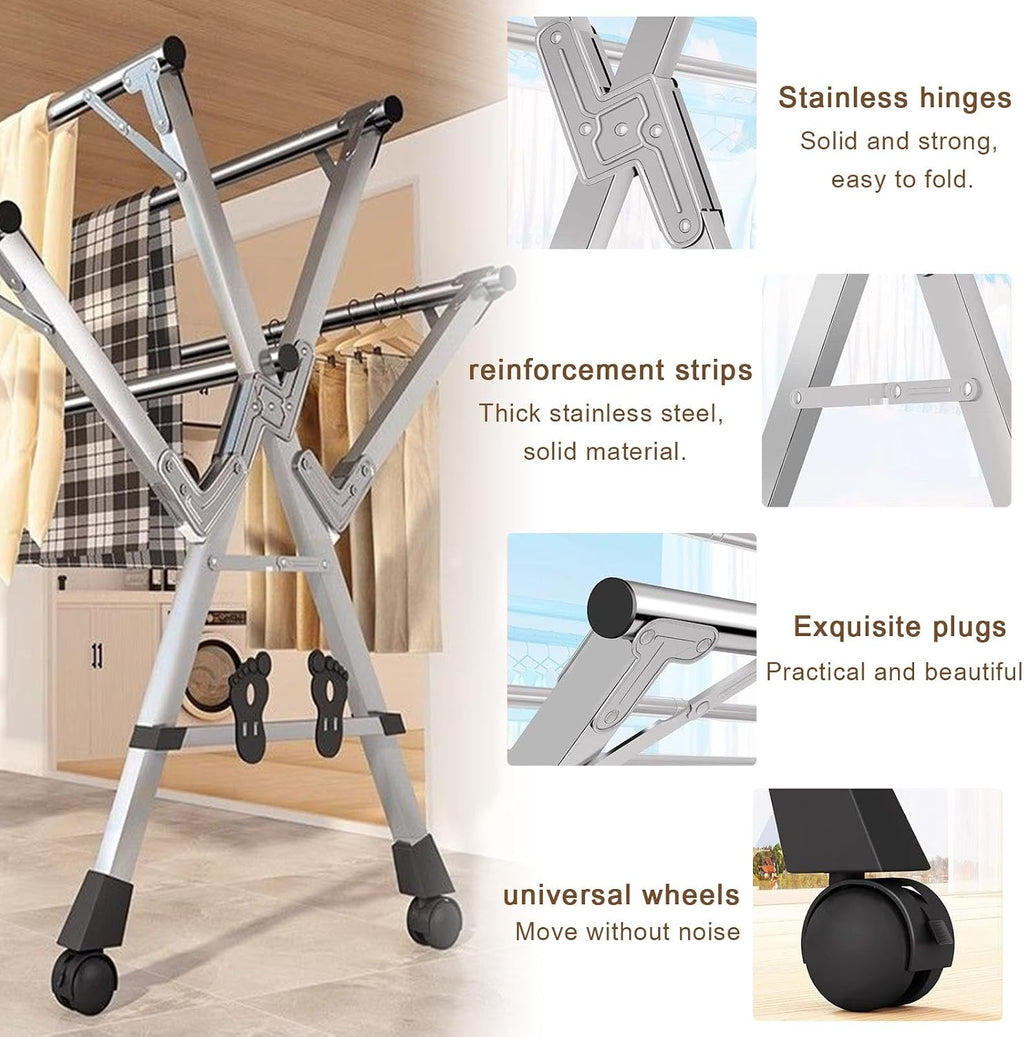 Clothes Drying Rack Foldable 5 Rods Indoor Outdoor Garment Racks - Stainless Steel Standing Dry Racks - Drying Rack for Bed Linen, Clothing, Socks, Shoe,Without Wheels,1.6M/5.25FT