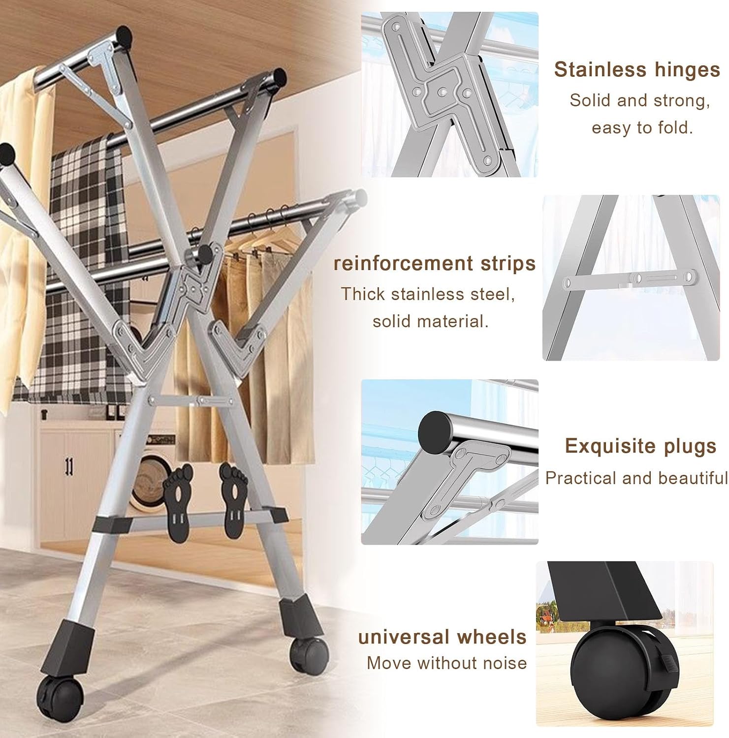 Clothes Drying Rack Foldable 5 Rods Indoor Outdoor Garment Racks - Stainless Steel Standing Dry Racks - Drying Rack for Bed Linen, Clothing, Socks, Shoe,Without Wheels,1.6M/5.25FT