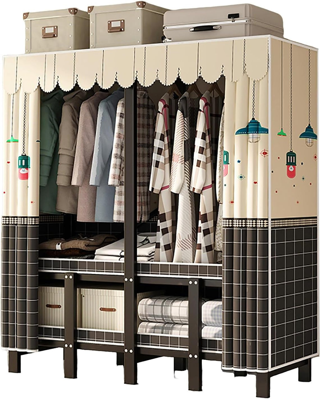 Heavy Duty Portable Wardrobe Closet For Hanging Clothing With Cover, Clothes Rack With Gauze Curtain, Covered Clothing Coat Storage Organizer(C,215cm/84.6inch)