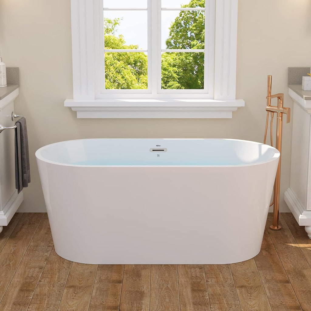 FerdY Shangri-La 55' Acrylic Freestanding Bathtub, Classic Oval Shape Soaking Bathtub with Toe-Tap Chrome Drain and Classic Slotted Overflow Included, Modern White, cUPC Certified