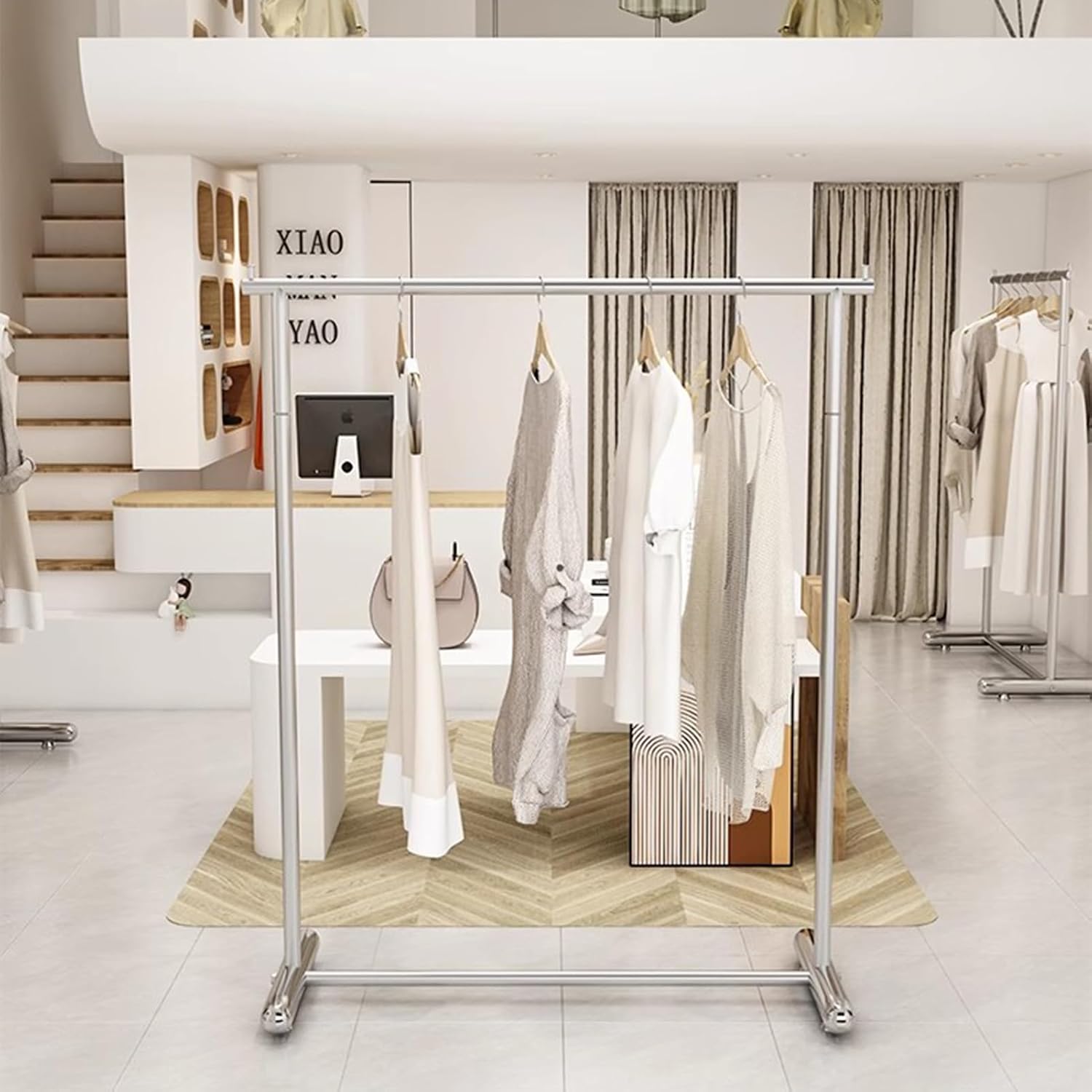 Garment Rack Heavy-Duty Clothes Rail, Stainless Steel Clothing Rack For Hanging Clothes, Modern Single Rod Clothes Rack For Retail Store, Large Capacity Coat Rack For Bedroom, Silv(Size:150X40X160CM)