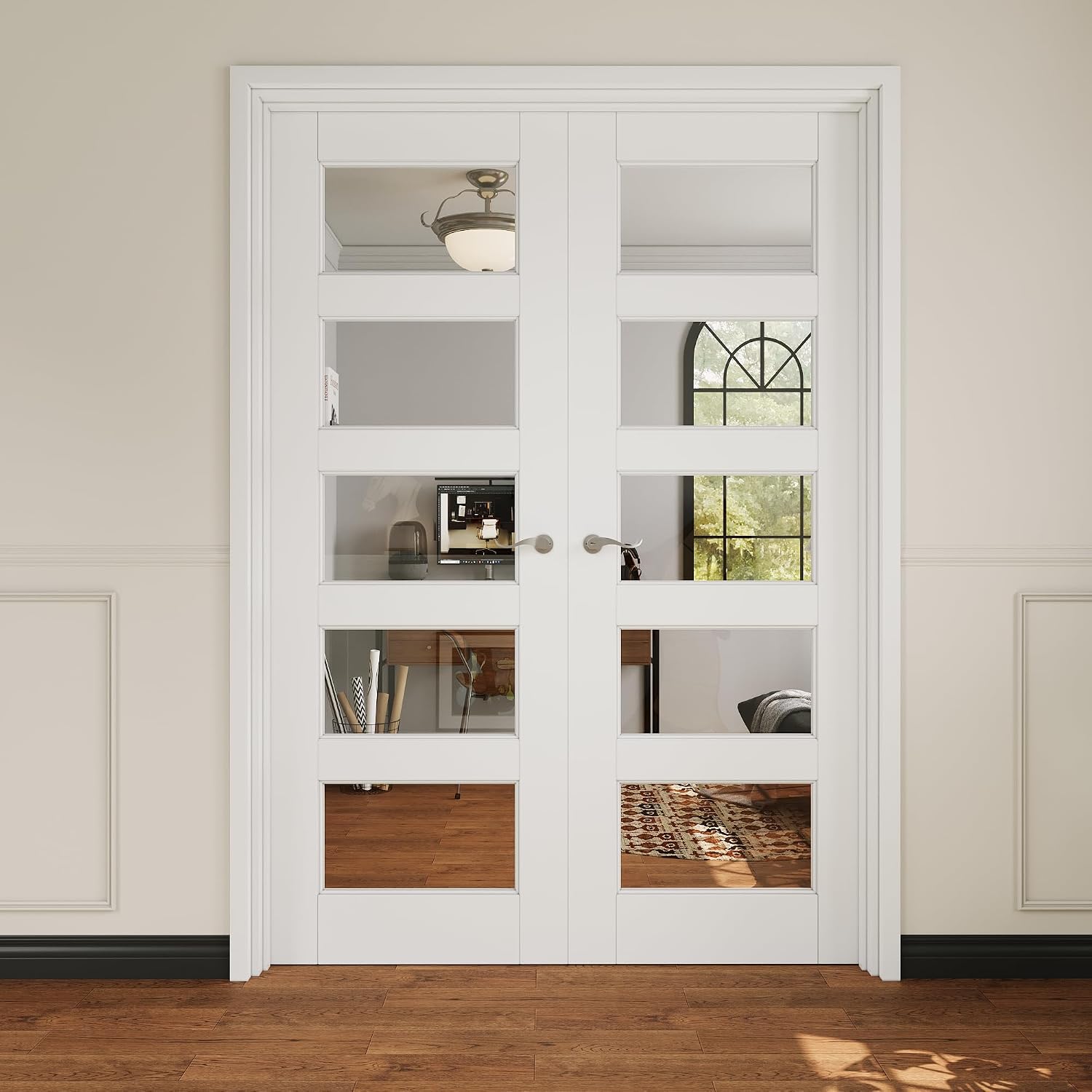 French Door 56' x 80' (Double 28' x 80') 5-Lite Clear Glass Door Slabs with Pre-Hung Jamb, Silver Hinges, Levers and Latch, White Primed, French Interior Doors with Frame, Swing Double Bedroom Doors