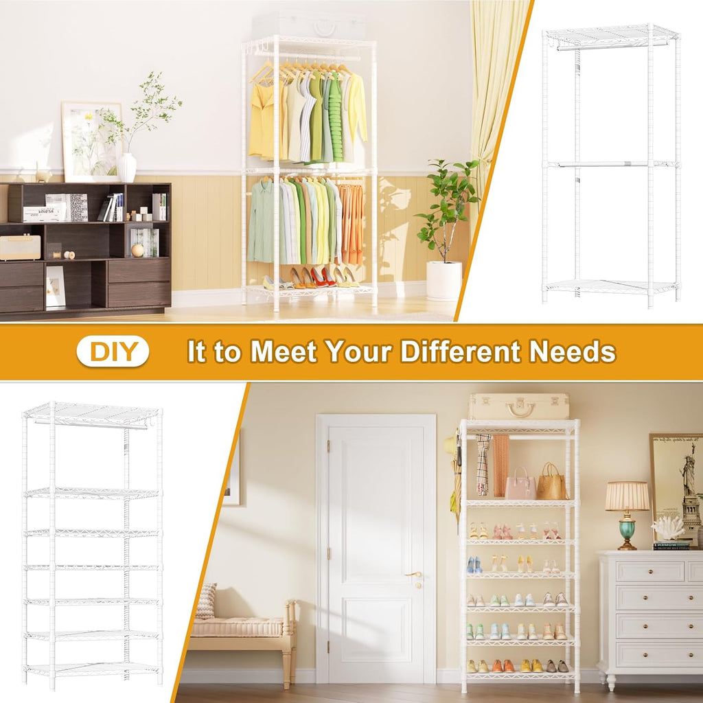 Ulif E12C and E13C (White Clothing Rack with White Dustproof Cover) Heavy Duty Closet Organizer System, Freestanding Clothing Racks for Hanging Clothes，Adjustable Garment Rack